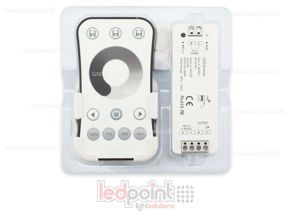 Kit telecomado + controller monocromatico con pulsante 5/36V, 1ch*8A, RF 2.4G Kit telecomado + controller monocromatico con pulsante 5/36V, 1ch*8A, RF 2.4G