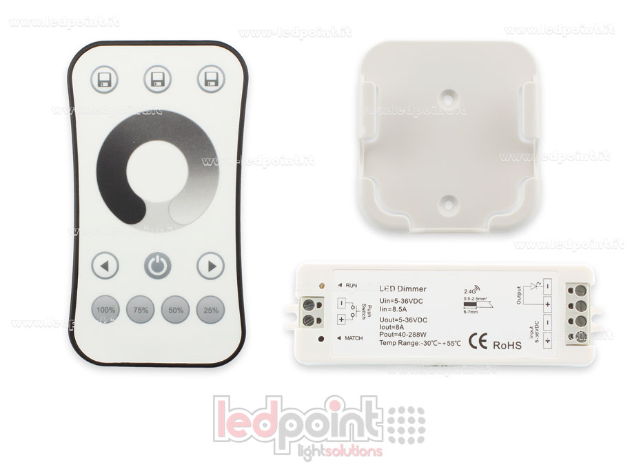 Kit telecomado + controller monocromatico con pulsante 5/36V, 1ch*8A, RF 2.4G Kit telecomado + controller monocromatico con pulsante 5/36V, 1ch*8A, RF 2.4G