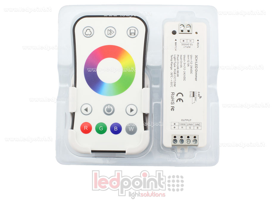Kit telecomando + controller RGB 12/24V, 3ch*4A, RF 2.4G Kit telecomando + controller RGB 12/24V, 3ch*4A, RF 2.4G