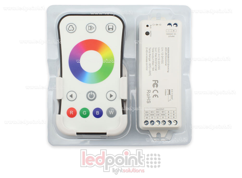 Kit telecomando + controller RGBW 12/24V, 4ch*6A, Max 15A, RF 2.4G Kit telecomando + controller RGBW 12/24V, 4ch*6A, Max 15A, RF 2.4G