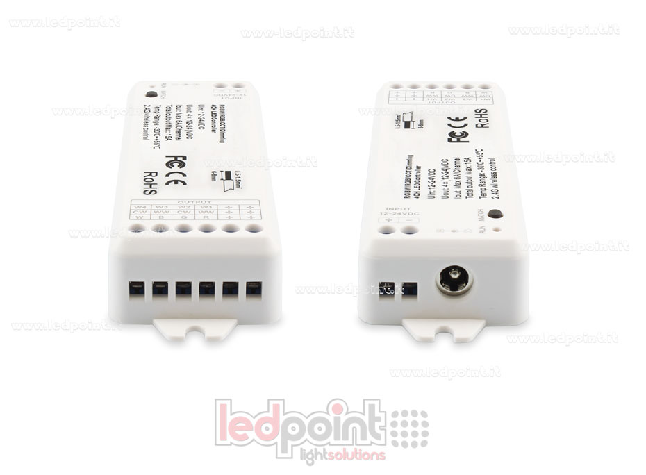 Kit telecomando + controller RGBW 12/24V, 4ch*6A, Max 15A, RF 2.4G Kit telecomando + controller RGBW 12/24V, 4ch*6A, Max 15A, RF 2.4G