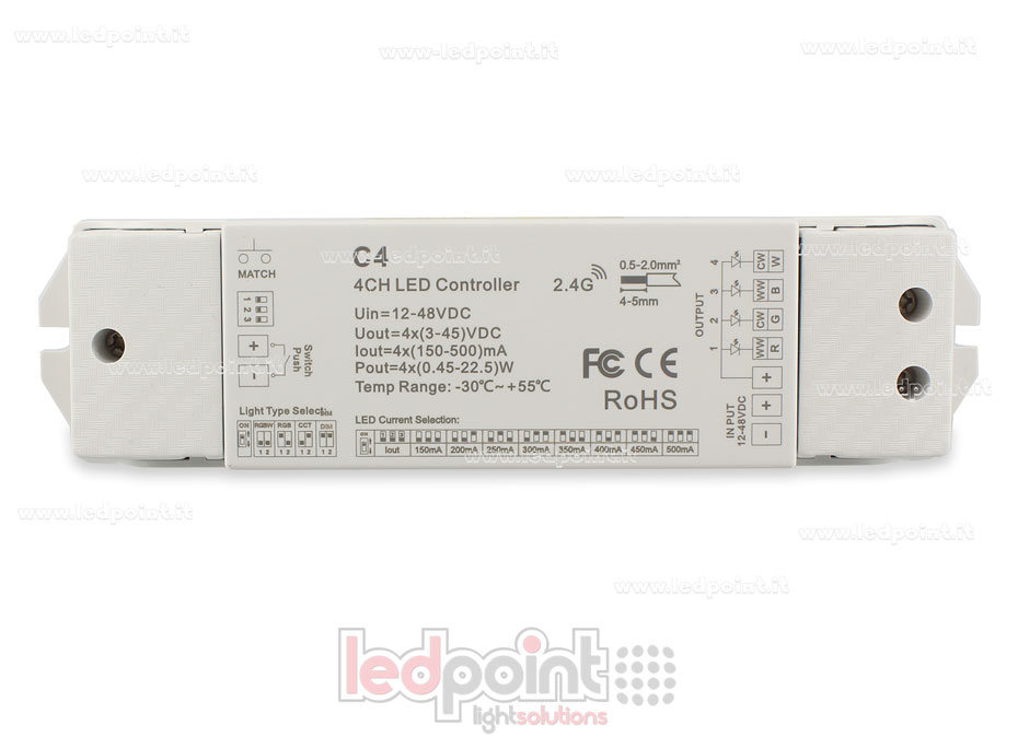12/48V, 4-Kanal*150-500mA Konstantstrom, RF 2.4G Einfarben, CCT, RGB und RGBW Empfänger Controller mit Druckschalter