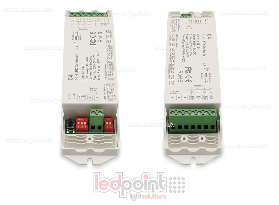 12/48V, 4-Kanal*150-500mA Konstantstrom, RF 2.4G Einfarben, CCT, RGB und RGBW Empfänger Controller mit Druckschalter