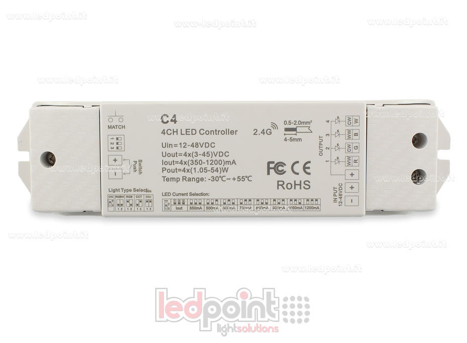 Ricevitore controller monocromatico, CCT, RGB e RGBW con pulsante 12/48V, 4ch*350-1200mA corrente costante, RF 2.4G