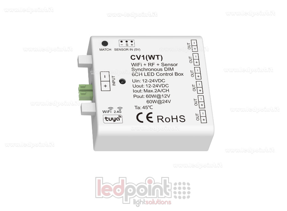 Interfaccia dimmer 6ch 60/60W 12V-24V, RF 2.4GHz Wifi con ingresso per sensore