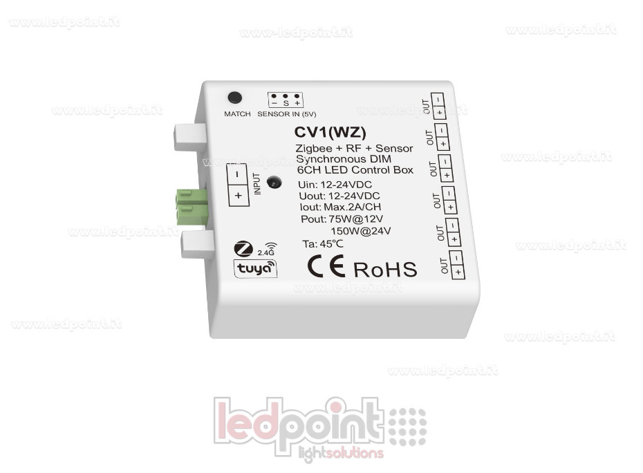 Interfaccia dimmer 6ch 75/150W 12V-24V, RF 2.4GHz e ZigBee con ingresso per sensore