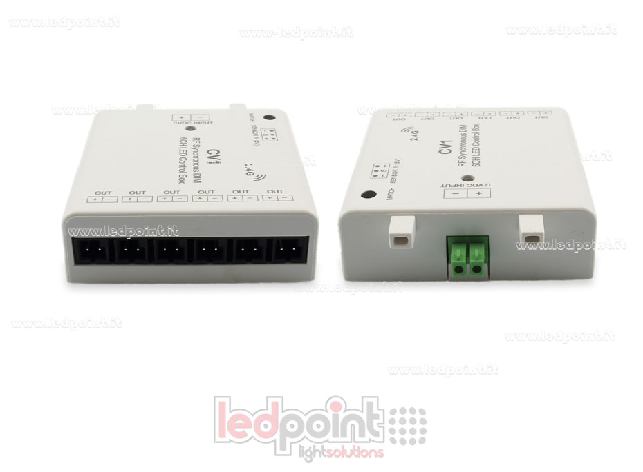 Interfaccia dimmer 6ch 60W 12V, RF 2.4GHz con ingresso per sensore Interfaccia dimmer 6ch 60W 12V, RF 2.4GHz con ingresso per sensore
