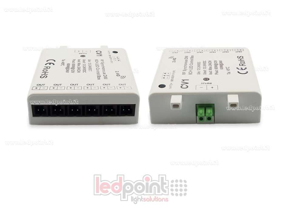 Interfaccia dimmer 6ch 60W 12V-24V, RF 2.4GHz con ingresso per sensore Interfaccia dimmer 6ch 60W 12V-24V, RF 2.4GHz con ingresso per sensore
