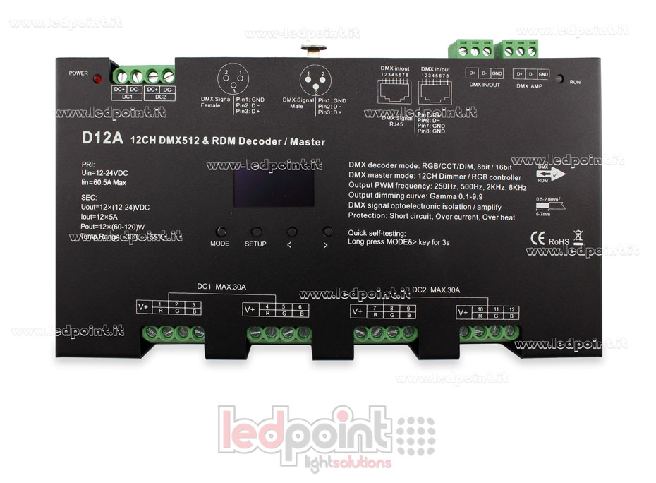 Decoder DMX 512 con display oled, 12 canali da 5A l'uno, tensione 12-24V DC Decoder DMX 512 con display oled, 12 canali da 5A l'uno, tensione 12-24V DC
