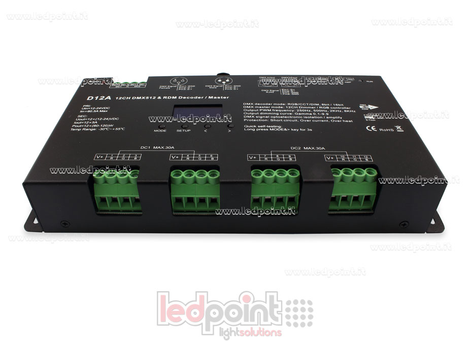 Decoder DMX 512 con display oled, 12 canali da 5A l'uno, tensione 12-24V DC Decoder DMX 512 con display oled, 12 canali da 5A l'uno, tensione 12-24V DC