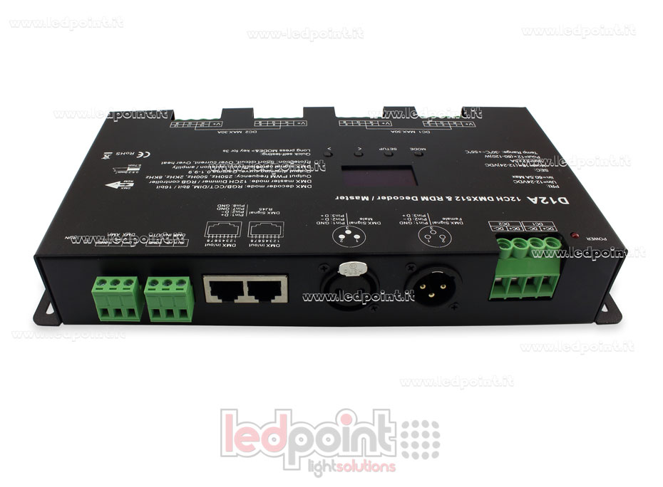 Decoder DMX 512 con display oled, 12 canali da 5A l'uno, tensione 12-24V DC Decoder DMX 512 con display oled, 12 canali da 5A l'uno, tensione 12-24V DC