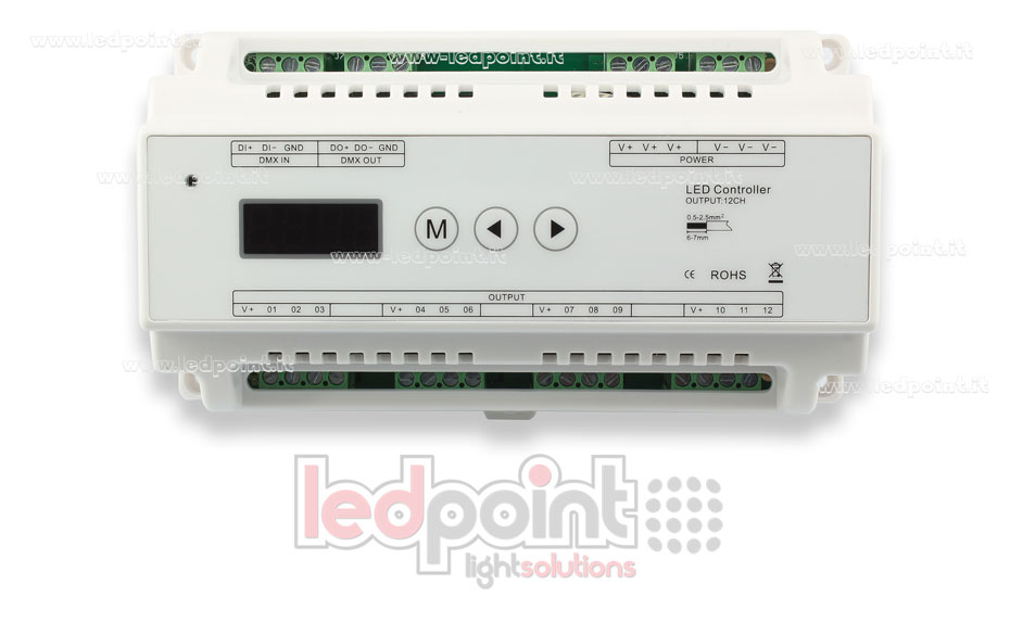 Decoder DMX 512 barra DIN, 12 canali da 5A l'uno, tensione 12-36V DC Decoder DMX 512 barra DIN, 12 canali da 5A l'uno, tensione 12-36V DC