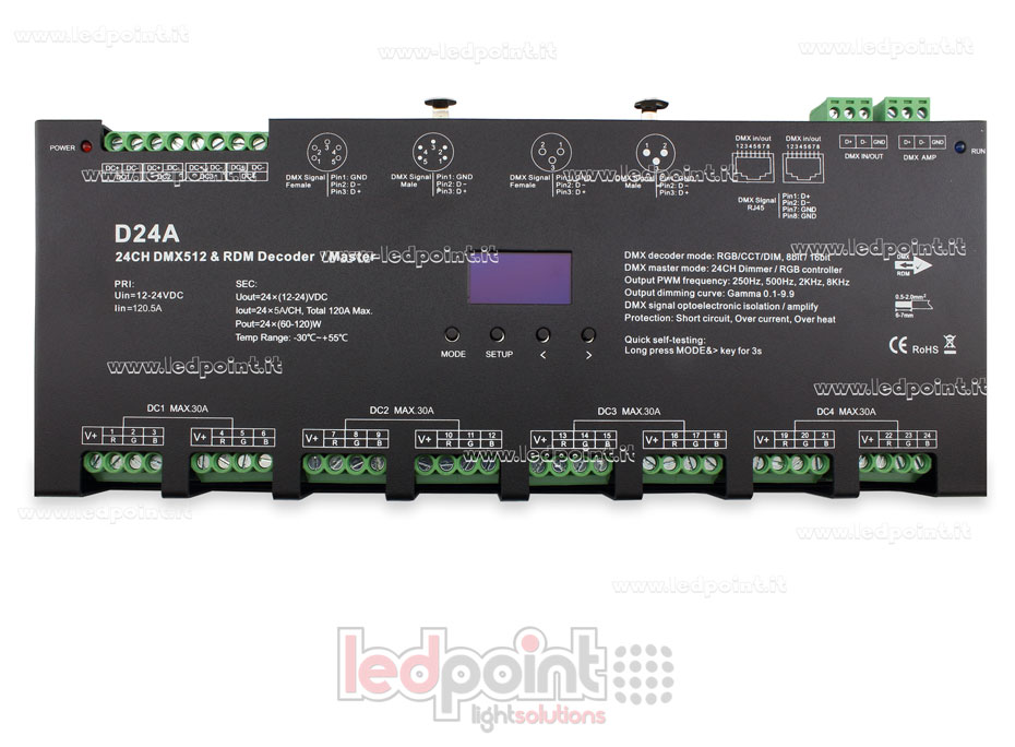 Decoder DMX 512 con display oled, 24 canali da 5A l'uno, tensione 12-24V DC Decoder DMX 512 con display oled, 24 canali da 5A l'uno, tensione 12-24V DC