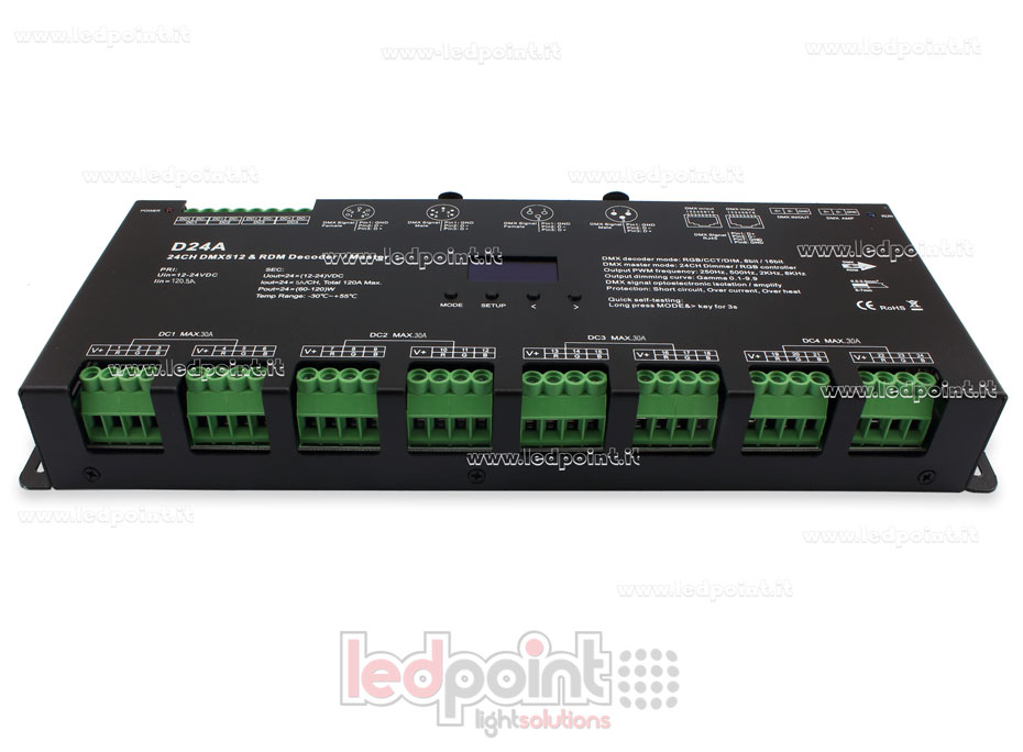 Decoder DMX 512 con display oled, 24 canali da 5A l'uno, tensione 12-24V DC Decoder DMX 512 con display oled, 24 canali da 5A l'uno, tensione 12-24V DC