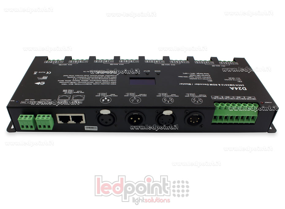 Decoder DMX 512 con display oled, 24 canali da 5A l'uno, tensione 12-24V DC Decoder DMX 512 con display oled, 24 canali da 5A l'uno, tensione 12-24V DC
