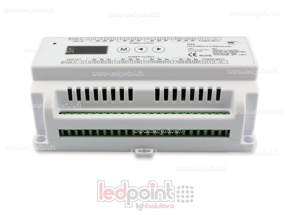 Decoder DMX 512 barra DIN, 24 canali da 3A l'uno, tensione 12-24V DC Decoder DMX 512 barra DIN, 24 canali da 3A l'uno, tensione 12-24V DC