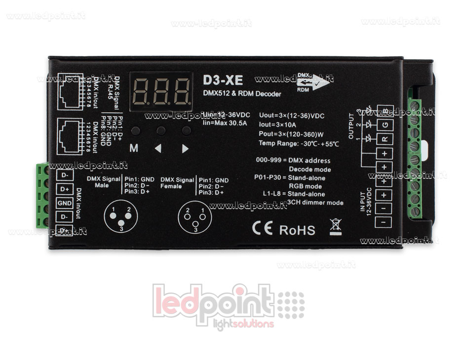 Decoder DMX 512 & RDM, 3 canali da 10A l'uno, tensione 12-36V DC, porta XLR3 e RJ45 Decoder DMX 512 & RDM, 3 canali da 10A l'uno, tensione 12-36V DC, porta XLR3 e RJ45