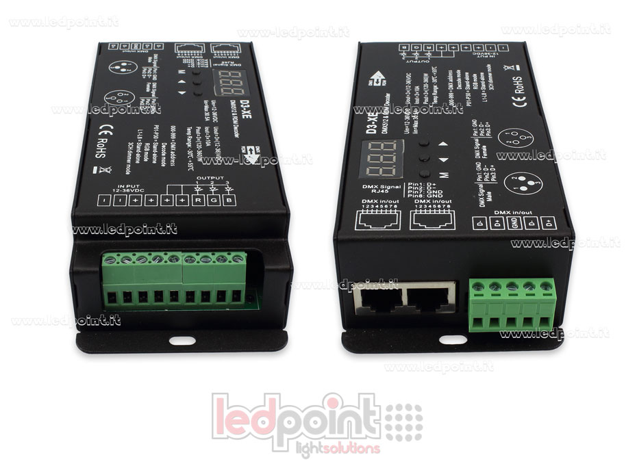 Decoder DMX 512 & RDM, 3 canali da 10A l'uno, tensione 12-36V DC, porta XLR3 e RJ45 Decoder DMX 512 & RDM, 3 canali da 10A l'uno, tensione 12-36V DC, porta XLR3 e RJ45