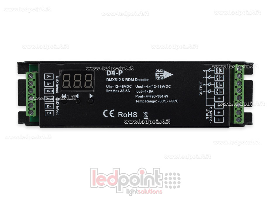 DMX 512 & RDM decoder, 4-channels 8A each, voltage 12-48V DC DMX 512 & RDM decoder, 4-channels 8A each, voltage 12-48V DC