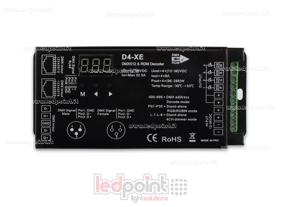 DMX 512 & RDM decoder, 4-channels 8A each, voltage 12-36V DC, XLR3 e RJ45 DMX 512 & RDM decoder, 4-channels 8A each, voltage 12-36V DC, XLR3 e RJ45