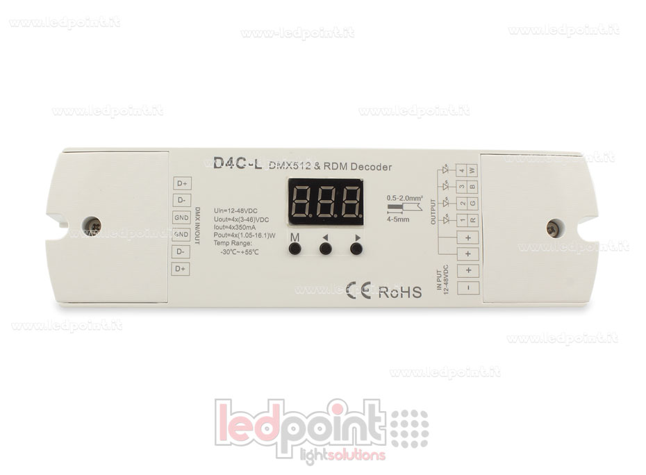 Decoder DMX 512, corrente costante, 4 canali da 150-500mA l'uno, tensione 12-48V DC Decoder DMX 512, corrente costante, 4 canali da 150-500mA l'uno, tensione 12-48V DC