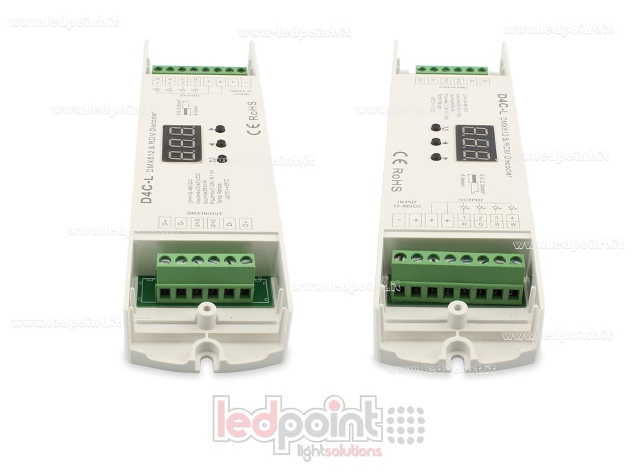Decoder DMX 512, corrente costante, 4 canali da 150-500mA l'uno, tensione 12-48V DC Decoder DMX 512, corrente costante, 4 canali da 150-500mA l'uno, tensione 12-48V DC