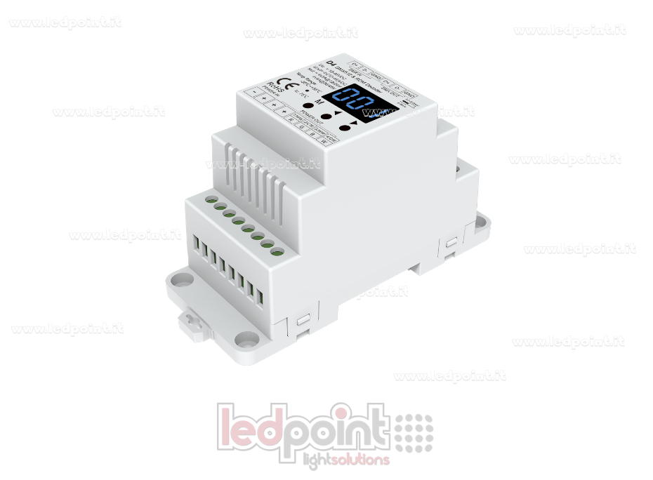 Decoder DMX 512 barra DIN, 4 canali da 5A l'uno, tensione 12-24V DC Decoder DMX 512 barra DIN, 4 canali da 5A l'uno, tensione 12-24V DC