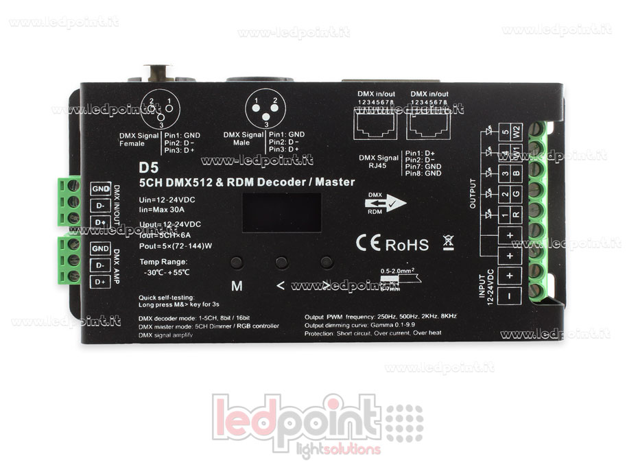 Decoder DMX 512 & RDM, 5 canali da 6A l'uno, tensione 12-24V DC, porta XLR3 e RJ45 Decoder DMX 512 & RDM, 5 canali da 6A l'uno, tensione 12-24V DC, porta XLR3 e RJ45