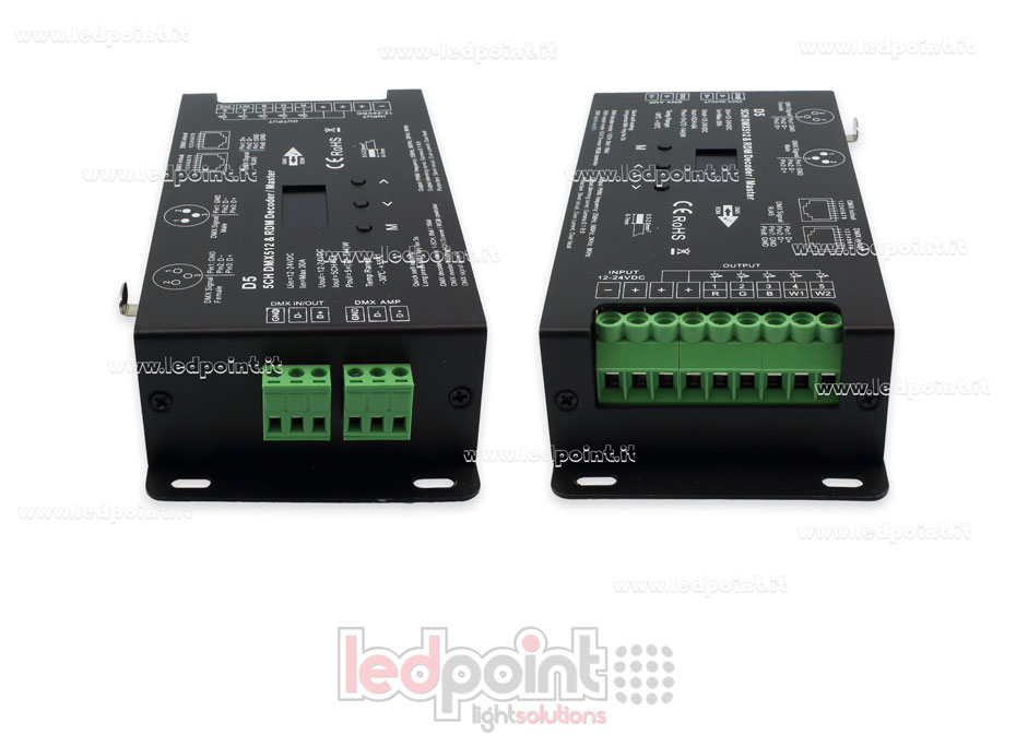 Decoder DMX 512 & RDM, 5 canali da 6A l'uno, tensione 12-24V DC, porta XLR3 e RJ45 Decoder DMX 512 & RDM, 5 canali da 6A l'uno, tensione 12-24V DC, porta XLR3 e RJ45