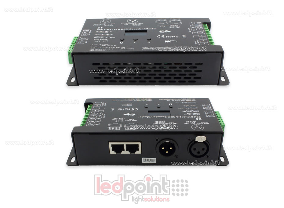 Decoder DMX 512 & RDM, 5 canali da 6A l'uno, tensione 12-24V DC, porta XLR3 e RJ45 Decoder DMX 512 & RDM, 5 canali da 6A l'uno, tensione 12-24V DC, porta XLR3 e RJ45