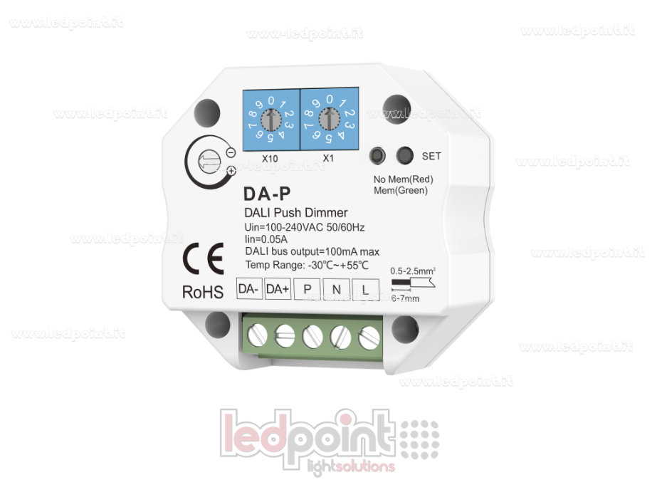 1-Kanal DALI-2-Push-Dimmer-Empfänger, 100-240VAC, für Wand-Unterputzdose 1-Kanal DALI-2-Push-Dimmer-Empfänger, 100-240VAC, für Wand-Unterputzdose