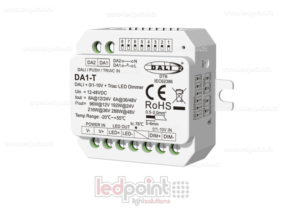 DALI-2 0/1-10V and Triac dimmer, 1 channel, 8A, 12-48V DC, constant voltage
