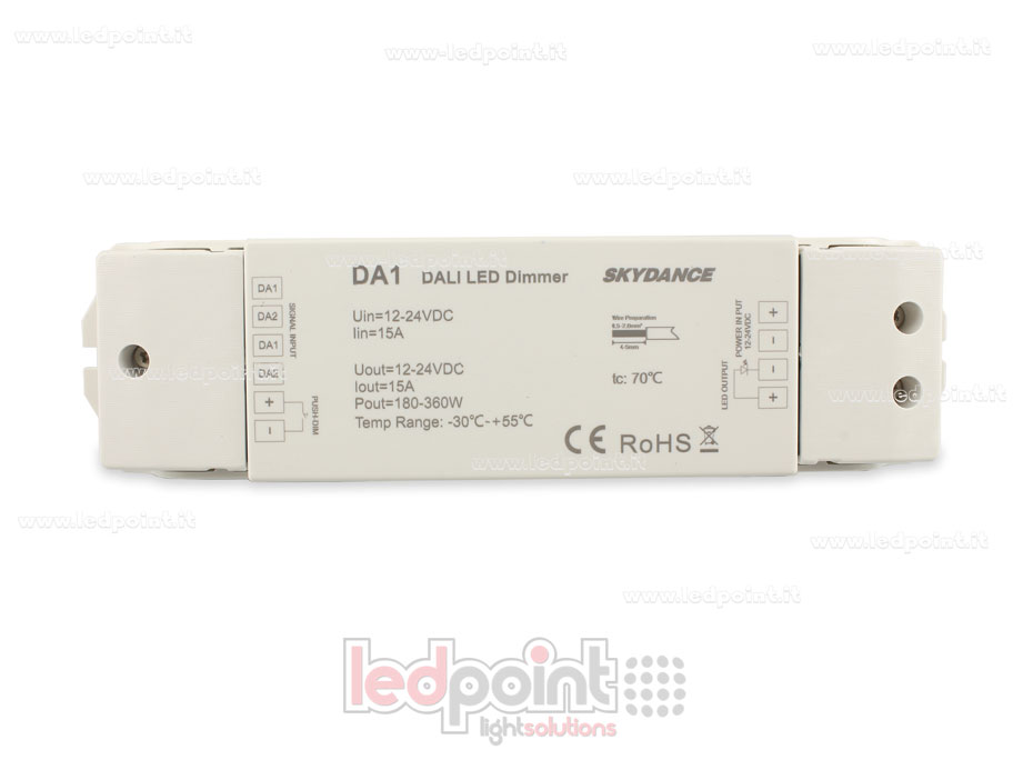 Dimmer DALI-2, 1 canale da 15A, 12-24V DC, tensione costante Dimmer DALI-2, 1 canale da 15A, 12-24V DC, tensione costante