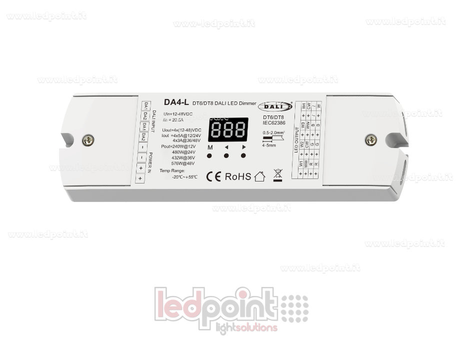 Dimmer DALI-2, 4 canali da 5A 12-24V / 3A 36-48V DC, (DT6) tensione costante Dimmer DALI-2, 4 canali da 5A 12-24V / 3A 36-48V DC, (DT6) tensione costante