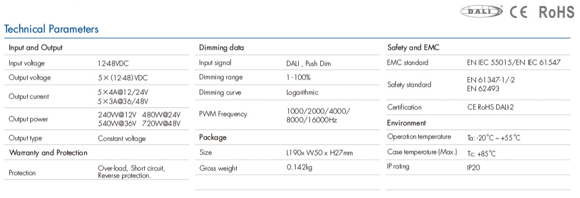DALI-2-Dimmer, 5 Kanäle 4A 12-24V oder 3A 36-48V DC, konstante Spannung (DT6/DT8) DALI-2-Dimmer, 5 Kanäle 4A 12-24V oder 3A 36-48V DC, konstante Spannung (DT6/DT8)
