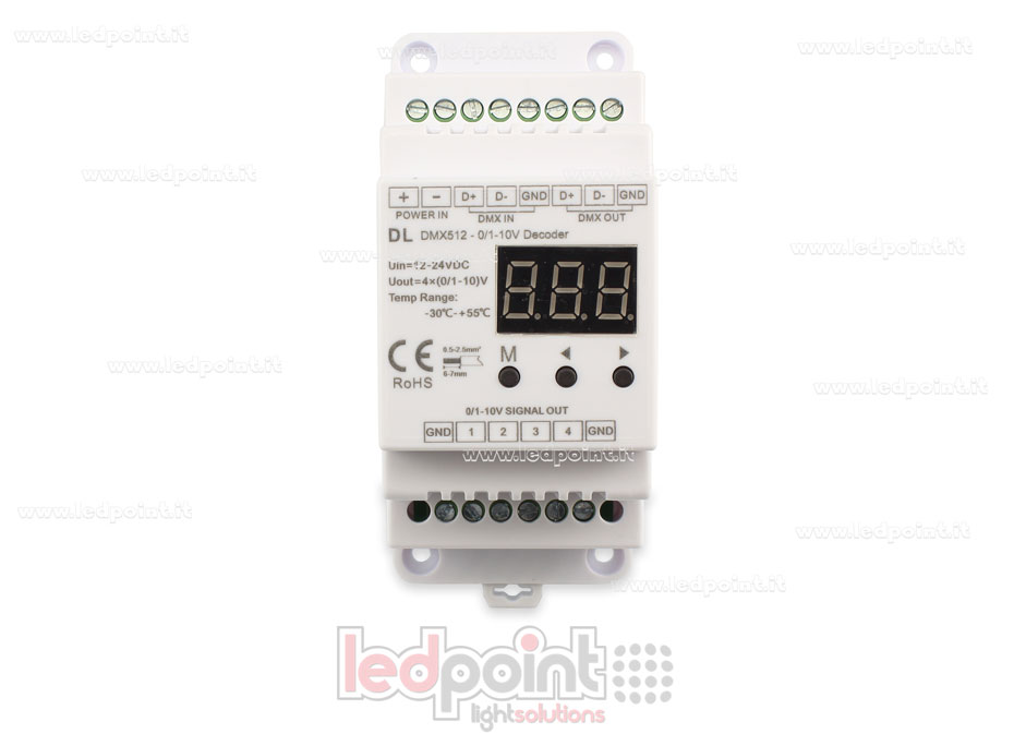 0/1-10V DMX 512 DIN rail decoder, 4-channels 20mA each, voltage 12-24 DC 0/1-10V DMX 512 DIN rail decoder, 4-channels 20mA each, voltage 12-24 DC