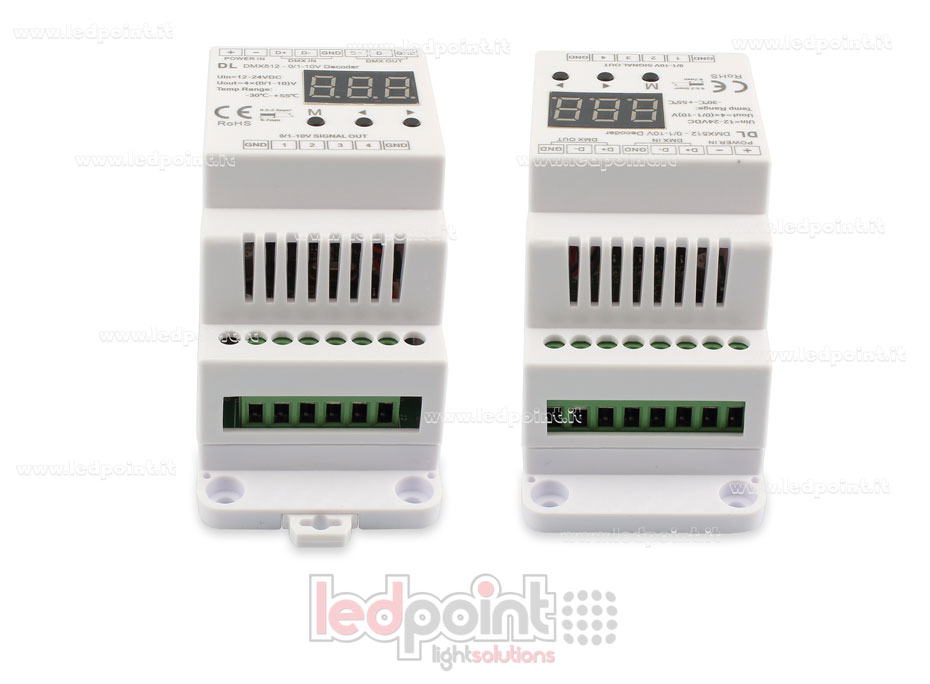 0/1-10V DMX 512 DIN rail decoder, 4-channels 20mA each, voltage 12-24 DC 0/1-10V DMX 512 DIN rail decoder, 4-channels 20mA each, voltage 12-24 DC