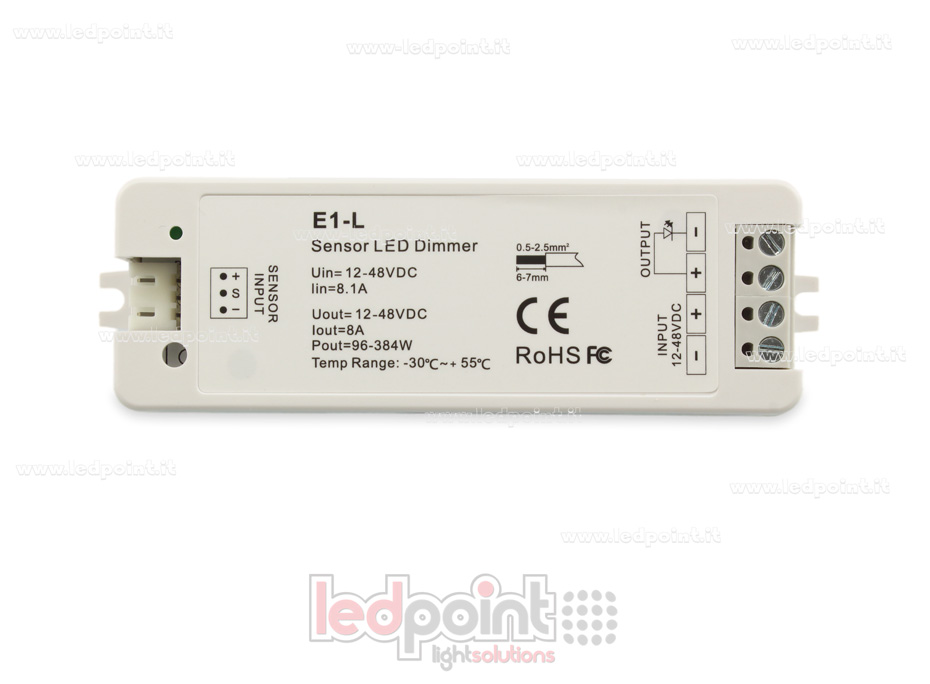 Dimmer on/off monocromatico con uscita per sensori 12/48V, 1chx8A Dimmer on/off monocromatico con uscita per sensori 12/48V, 1chx8A