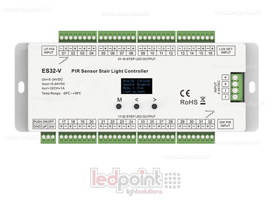 Sensore Dual PIR + Controller Dual Push Button per Scale con 32 gradini, 5-24VDC Sensore Dual PIR + Controller Dual Push Button per Scale con 32 gradini, 5-24VDC