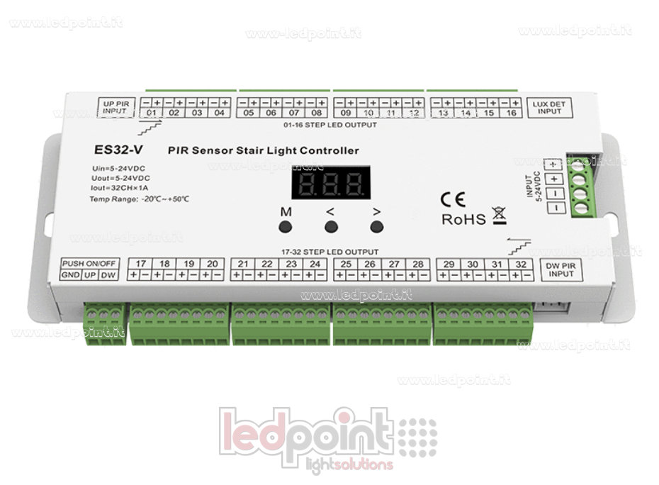 Sensore Dual PIR + Controller Dual Push Button per Scale con 32 gradini, 5-24VDC Sensore Dual PIR + Controller Dual Push Button per Scale con 32 gradini, 5-24VDC