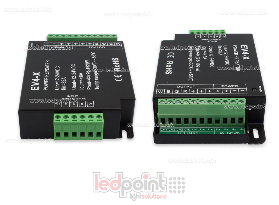 Amplificatore RGBW 32A (4 canali da 10A) 12-24V Amplificatore RGBW 32A (4 canali da 10A) 12-24V