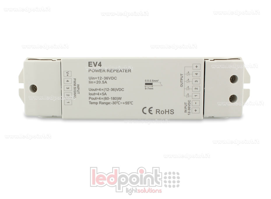 Amplificatore RGBW 20A (4 canali da 6A) 12-36V Amplificatore RGBW 20A (4 canali da 6A) 12-36V