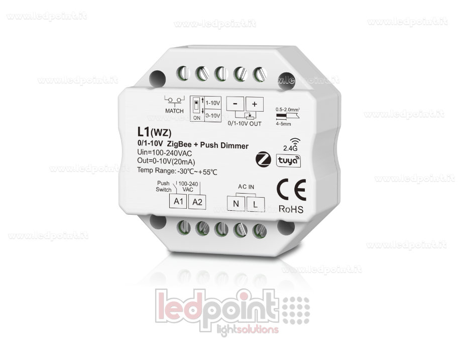 Ricevitore dimmer monocromatico 1 canale 0/1-10V Zigbee, push dim AC, RF 2.4G, per scatola di derivazione a muro