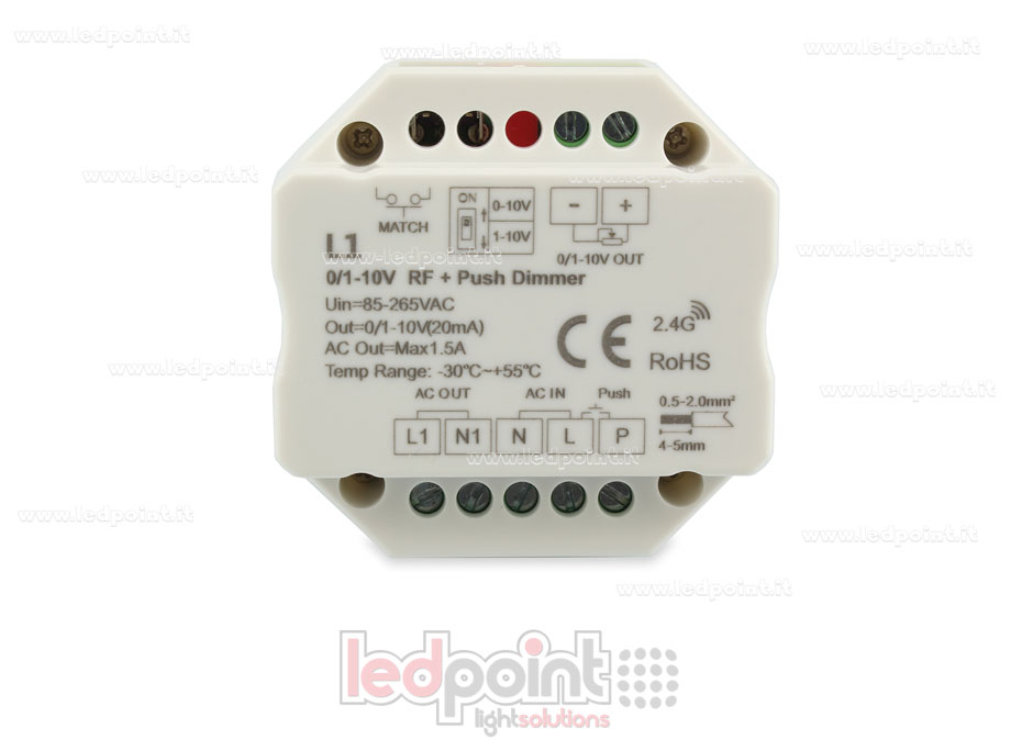 Ricevitore dimmer monocromatico 1 canale 0/1-10V, push dim AC, RF 2.4G, per scatola di derivazione a muro Ricevitore dimmer monocromatico 1 canale 0/1-10V, push dim AC, RF 2.4G, per scatola di derivazione a muro