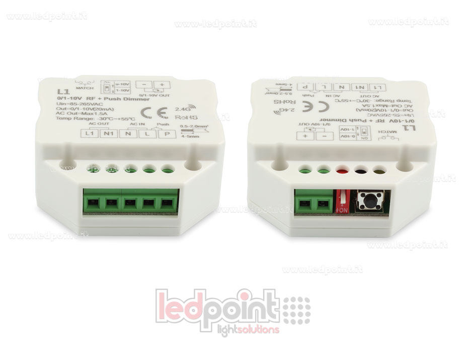 Ricevitore dimmer monocromatico 1 canale 0/1-10V, push dim AC, RF 2.4G, per scatola di derivazione a muro Ricevitore dimmer monocromatico 1 canale 0/1-10V, push dim AC, RF 2.4G, per scatola di derivazione a muro
