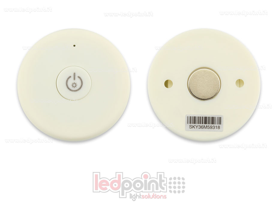 Telecomando portatile monocromatico, bianco, RF 2.4G, con magnete sul retro e fori per fissaggio a muro Telecomando portatile monocromatico, bianco, RF 2.4G, con magnete sul retro e fori per fissaggio a muro