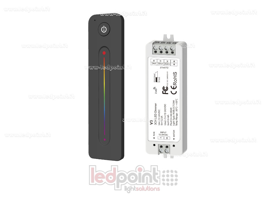 Kit telecomando + controller RGB 12/24V, 3ch*4A, RF 2.4G Kit telecomando + controller RGB 12/24V, 3ch*4A, RF 2.4G
