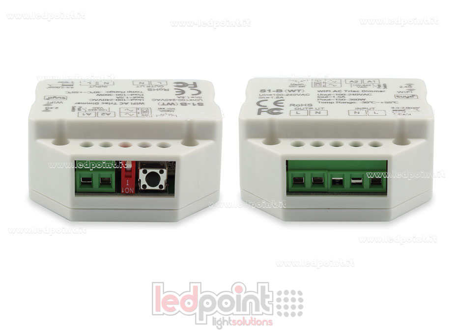 Controller monocromatico triac 100/230V, push dim AC, WiFi, RF 2.4G, per scatola di derivazione a muro Controller monocromatico triac 100/230V, push dim AC, WiFi, RF 2.4G, per scatola di derivazione a muro