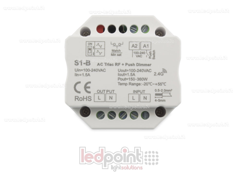 Controller monocromatico triac 100/230V, push dim AC, RF 2.4G, per scatola di derivazione a muro Controller monocromatico triac 100/230V, push dim AC, RF 2.4G, per scatola di derivazione a muro