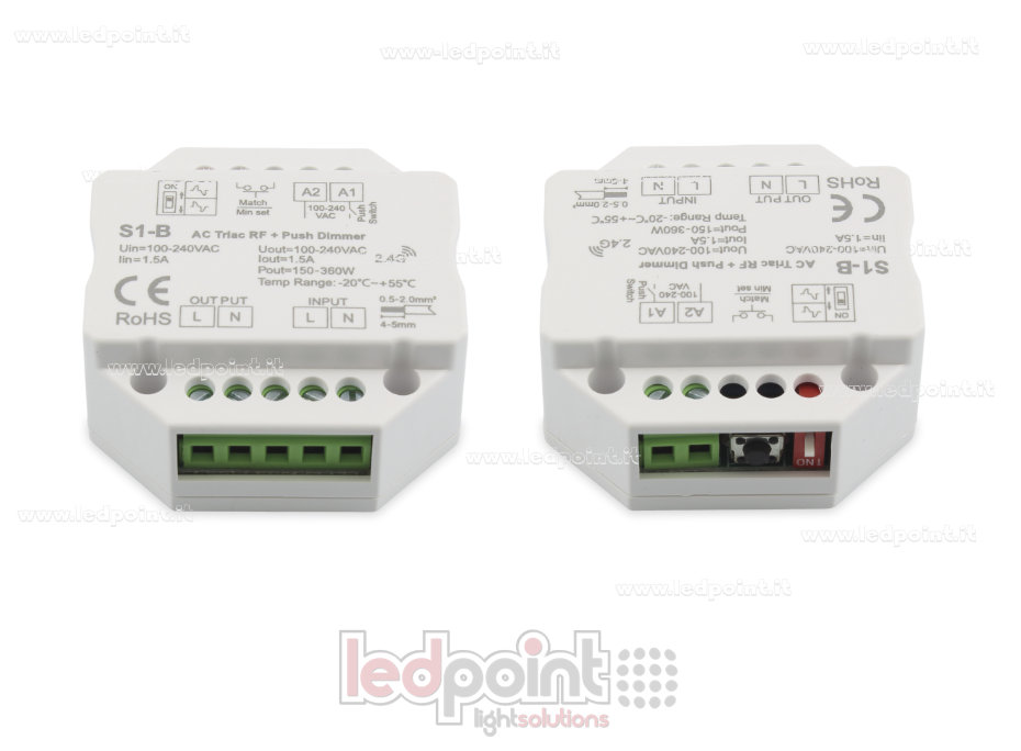 Controller monocromatico triac 100/230V, push dim AC, RF 2.4G, per scatola di derivazione a muro Controller monocromatico triac 100/230V, push dim AC, RF 2.4G, per scatola di derivazione a muro